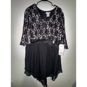 Romans Women's Black Dress Size 20W Cocktail Metallic Lace Flower Top Bow NWT